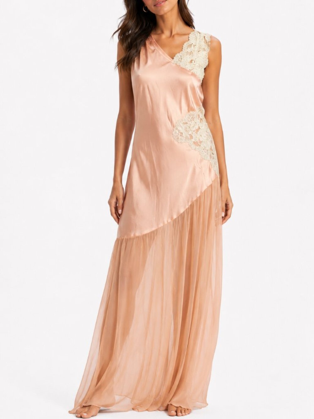 Vintage 90’s Victoria’s Secret Gold Label Peach Silk & Lace Slip Gown 1990’s